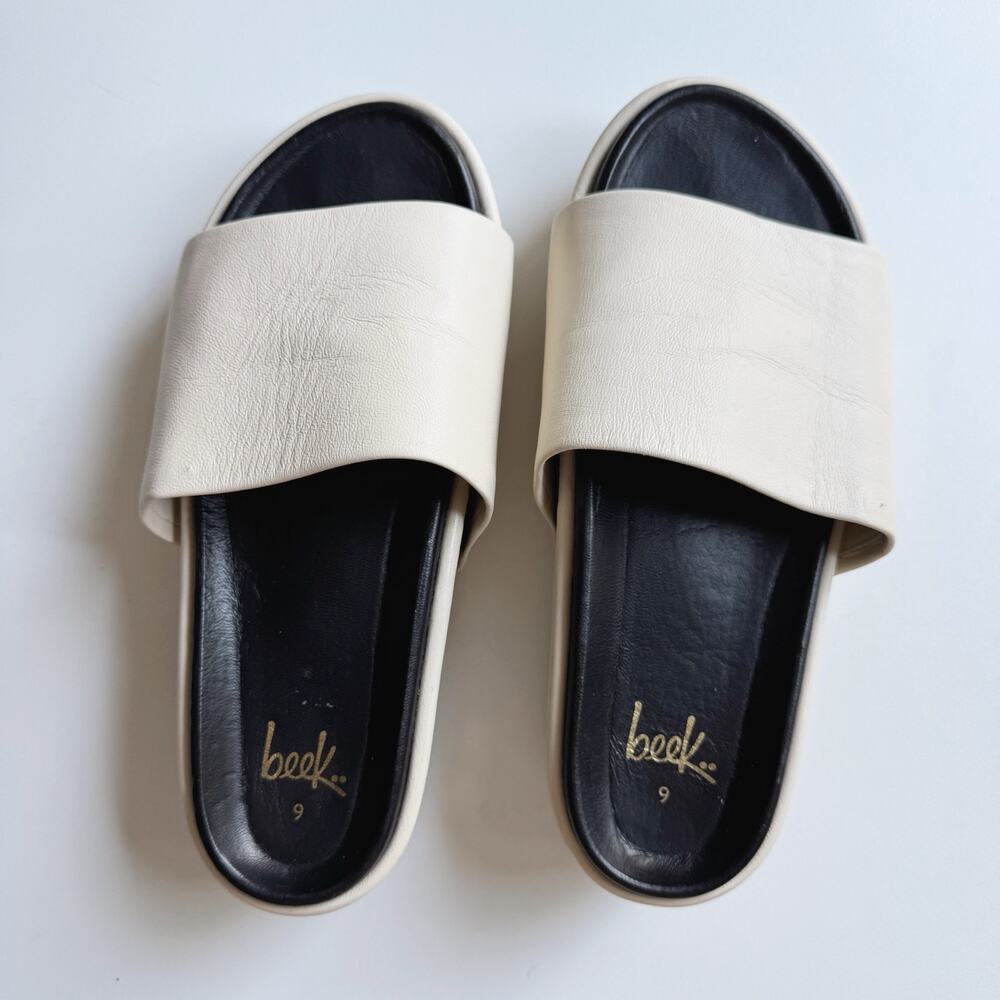 Beek Albatross Eggshell Black Stripe Platform Slide Sandals Size 9 - Picture 2 of 7